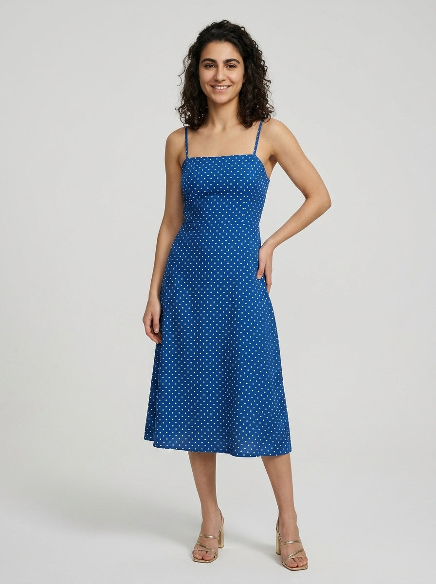 Robe Marathi — Bleu Pois Midi à Bretelles