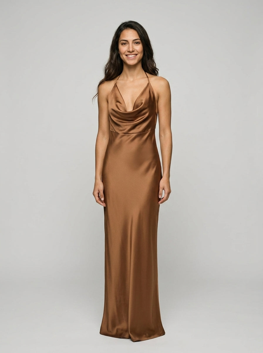 Robe Evia — Bronze Satin Cowl Une Épaule