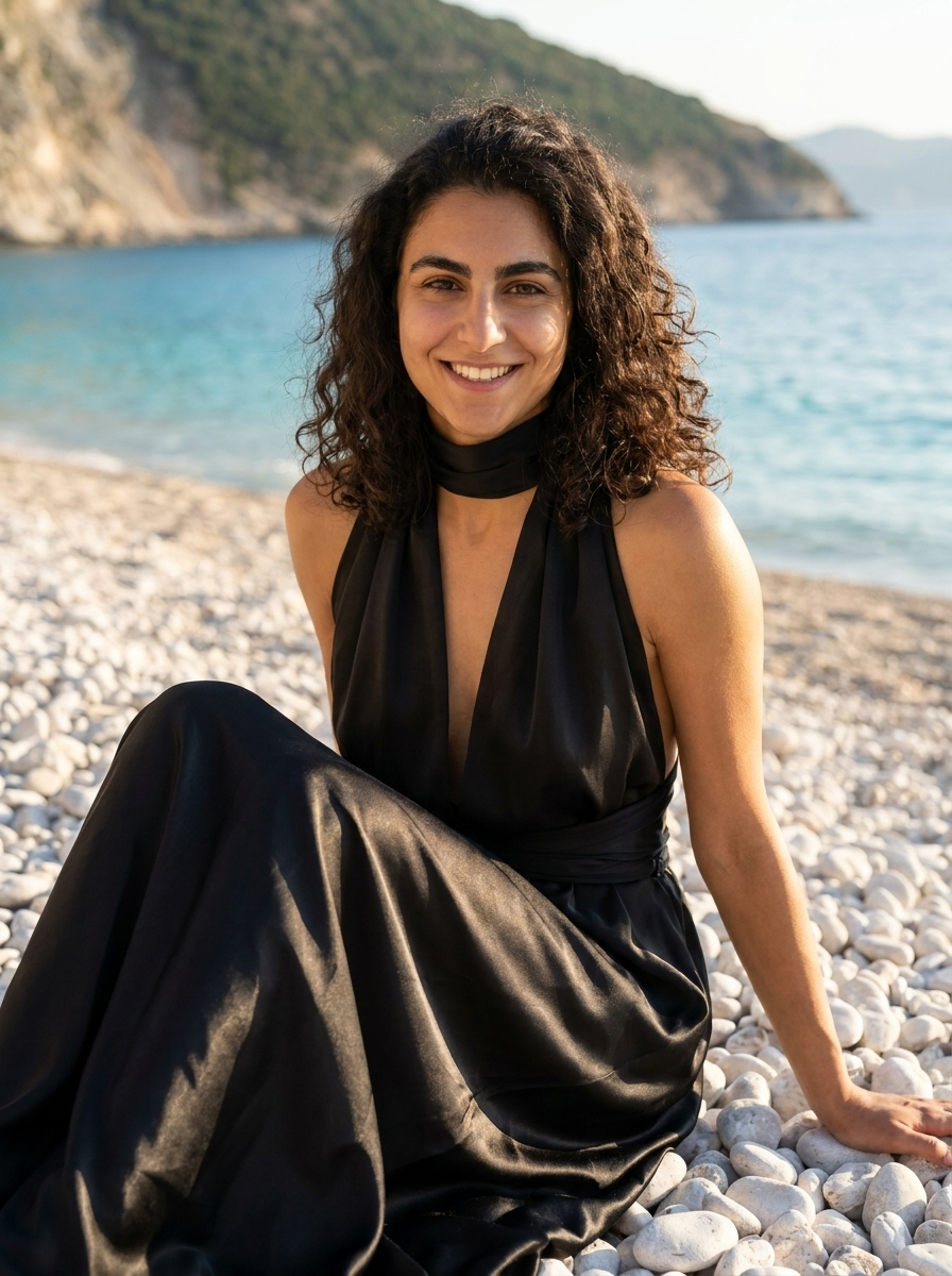 Φόρεμα Chrysi — Μαύρο Σατέν χάλτερ βαθύ v