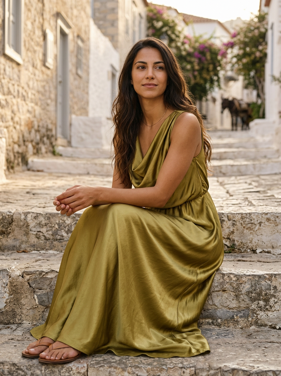 Φόρεμα Tinos — Λαδί Σατέν cowl