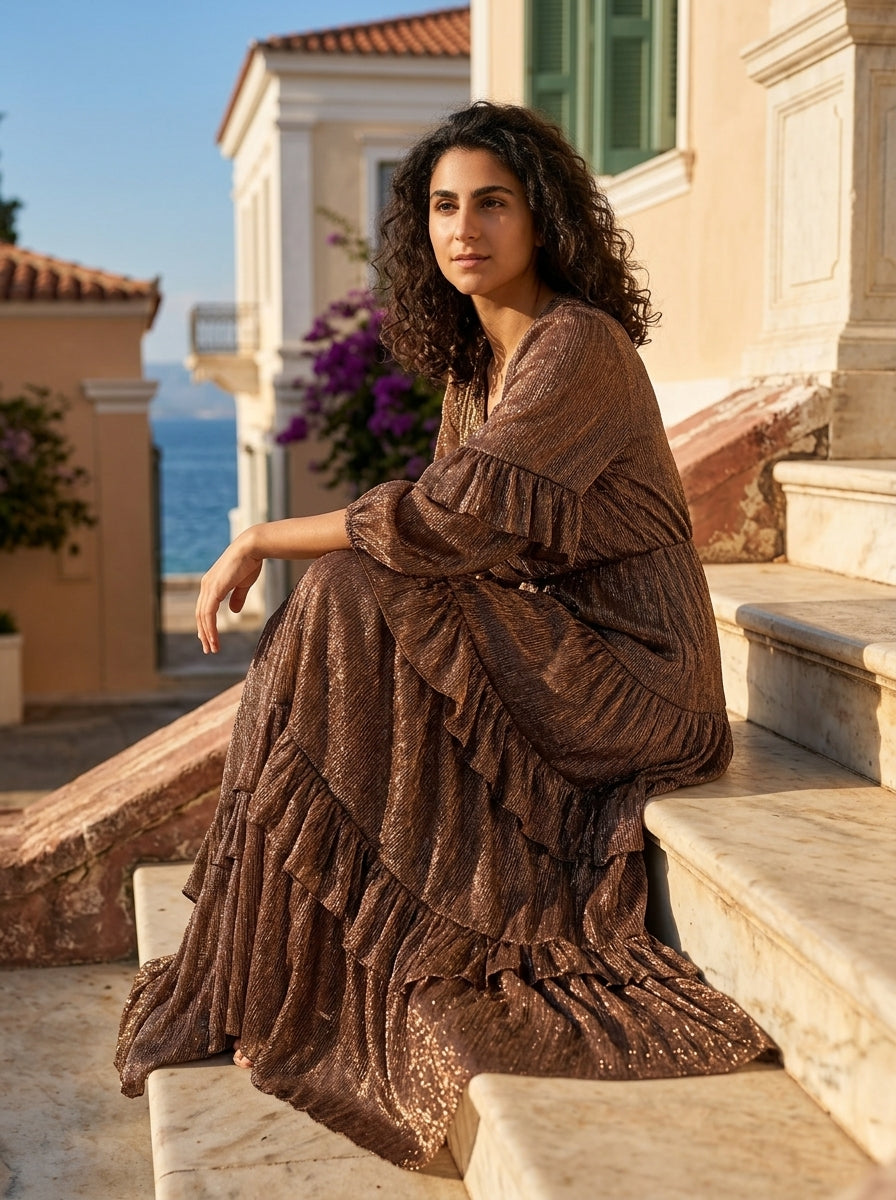 Φόρεμα Andros — Χάλκινο Lurex βολάν κρουαζέ