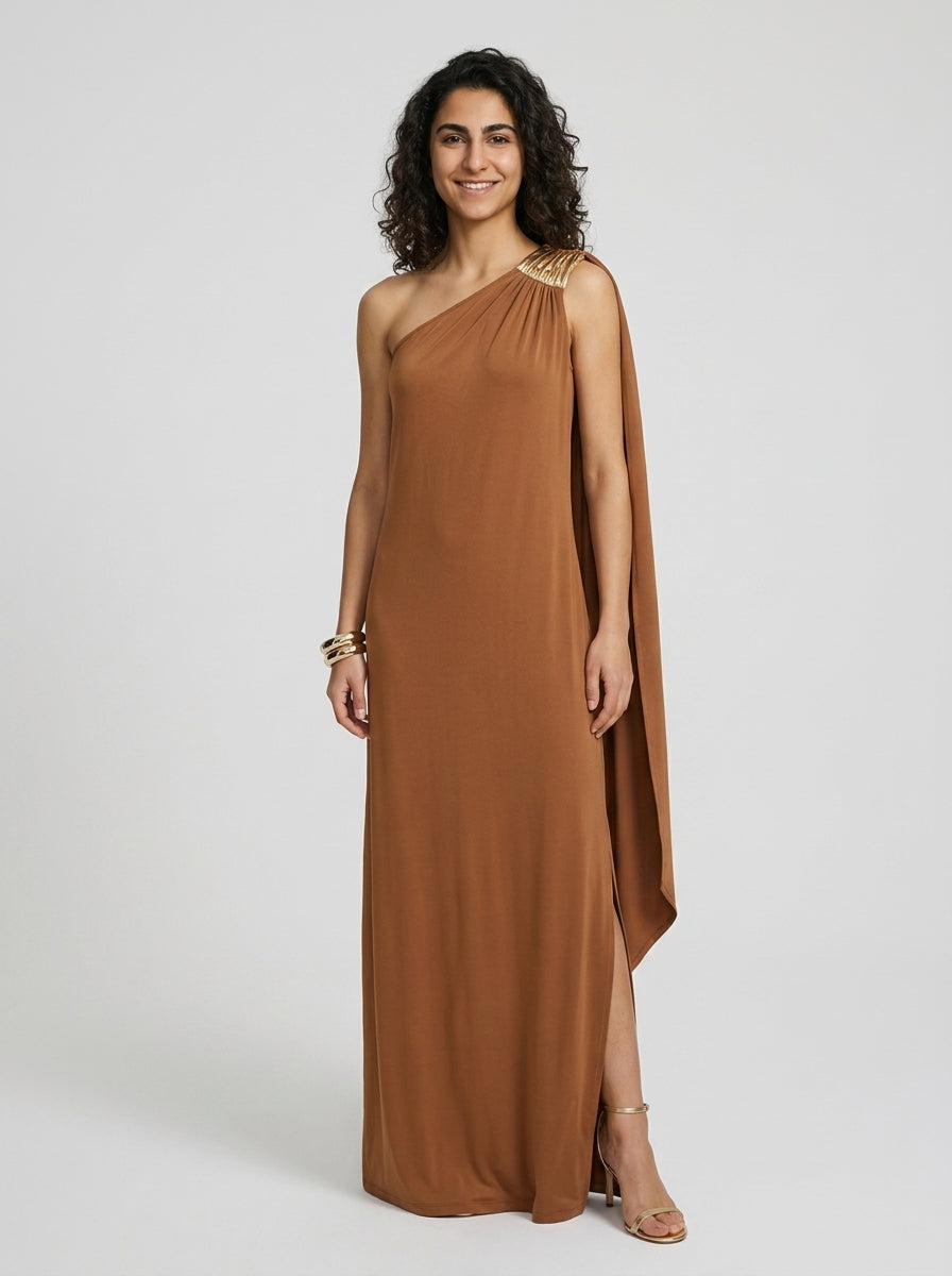 Robe Alonnisos — Camel Une Épaule avec Fente