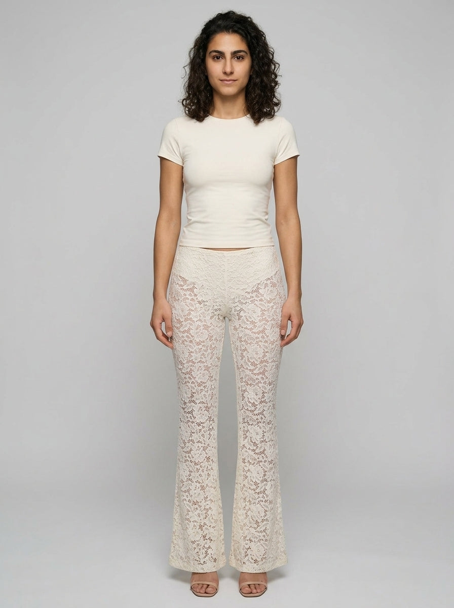 Pantalon Évasé en Dentelle — Écru