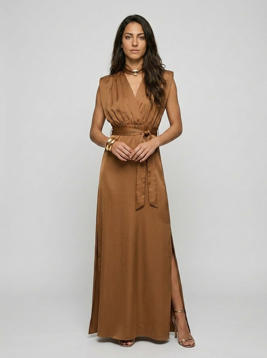 Robe Skiathos — Camel Croisée avec Ceinture