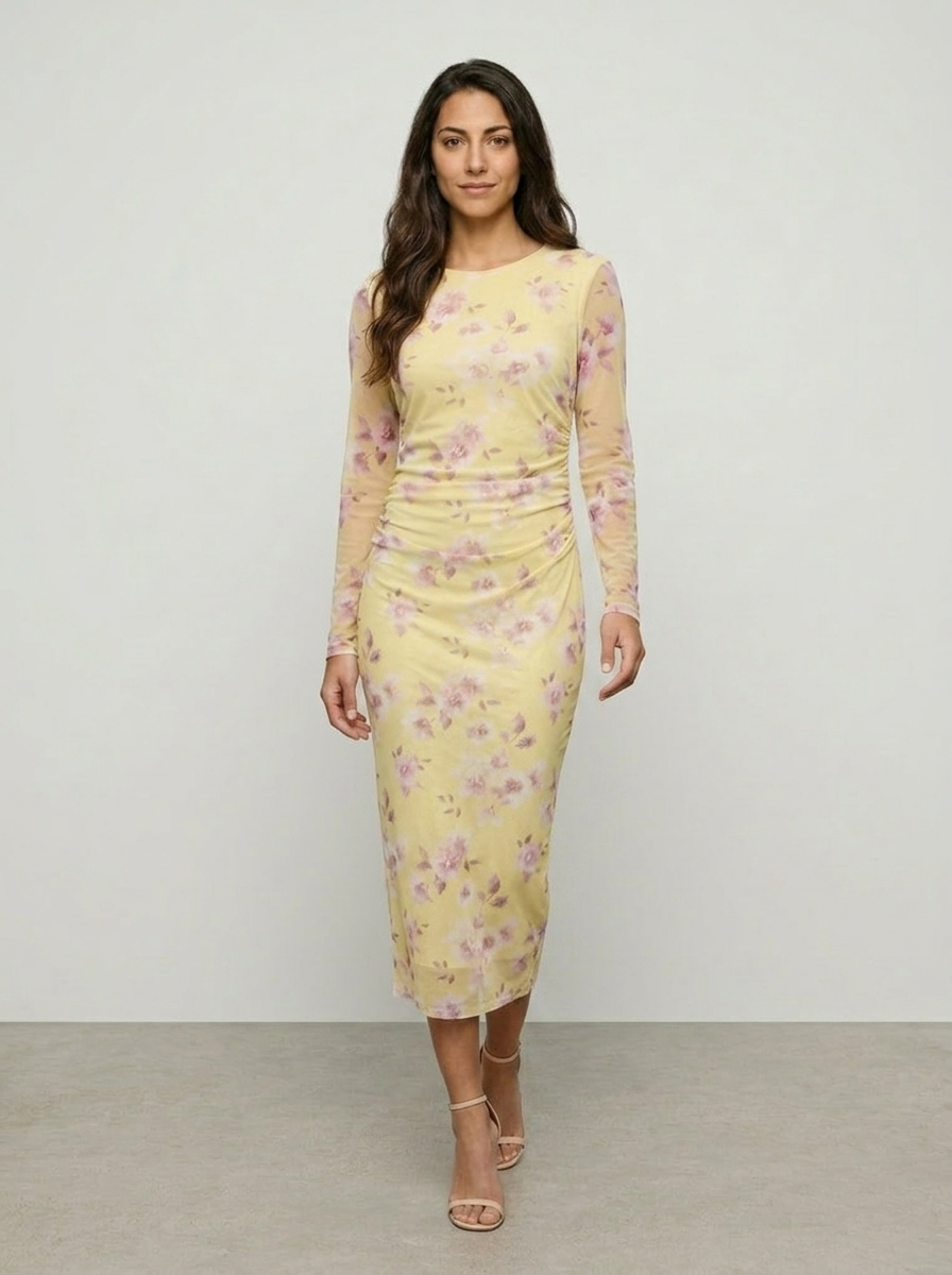 Robe Antipaxoi — Jaune Florale Mesh Longue Manche