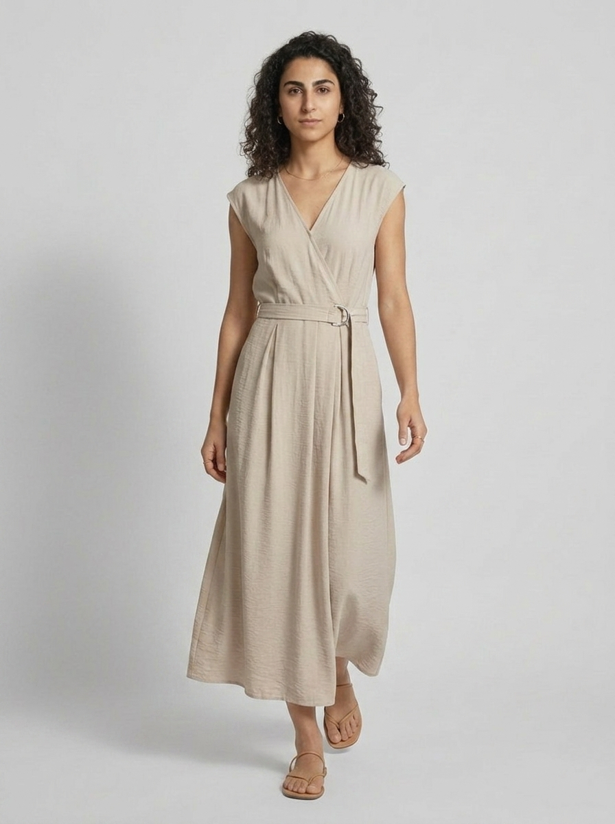 Robe Kalamos — Ecru Croisee avec Ceinture