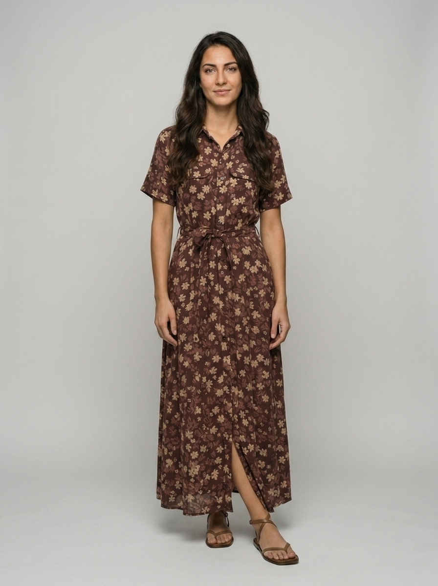 Robe Gavdos — Marron Florale Chemisier
