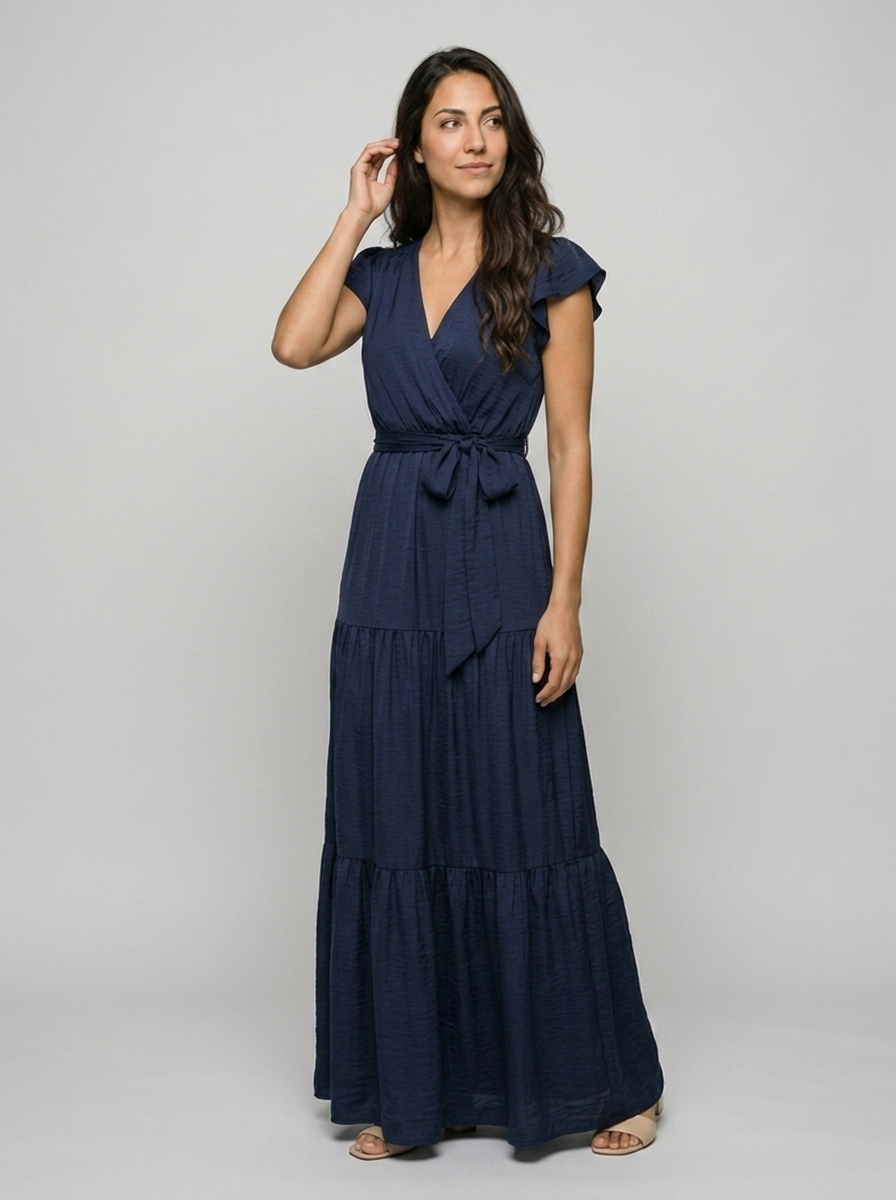 Robe Dokos — Bleu Marine Col V Volants avec Ceinture