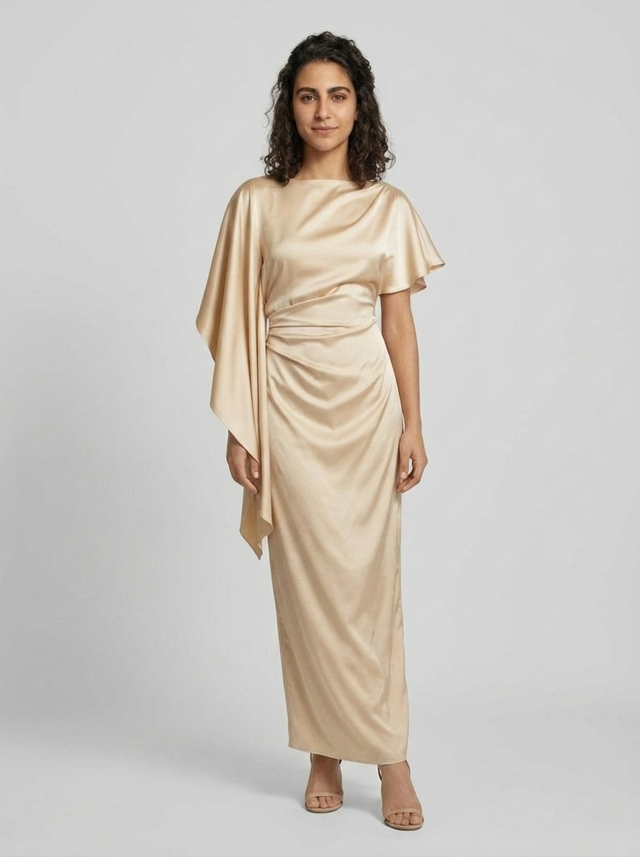 Robe Lesvos — Champagne Satin à Manches