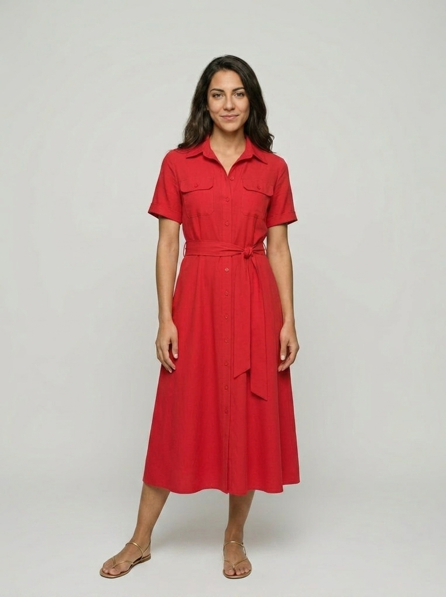 Robe Amorgos — Rouge Chemisier avec Ceinture