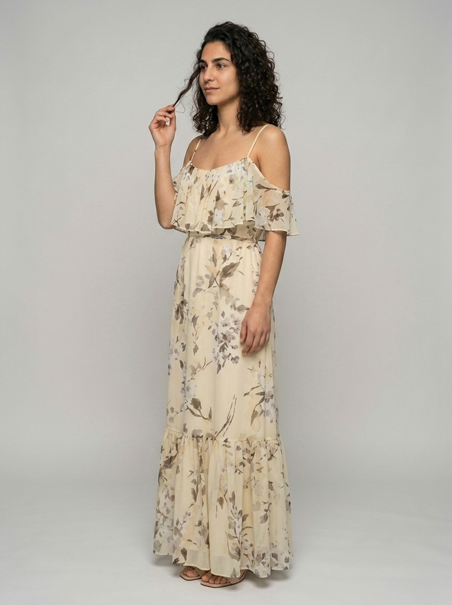 Robe Hydra — Ecru Florale Bustier a Volants