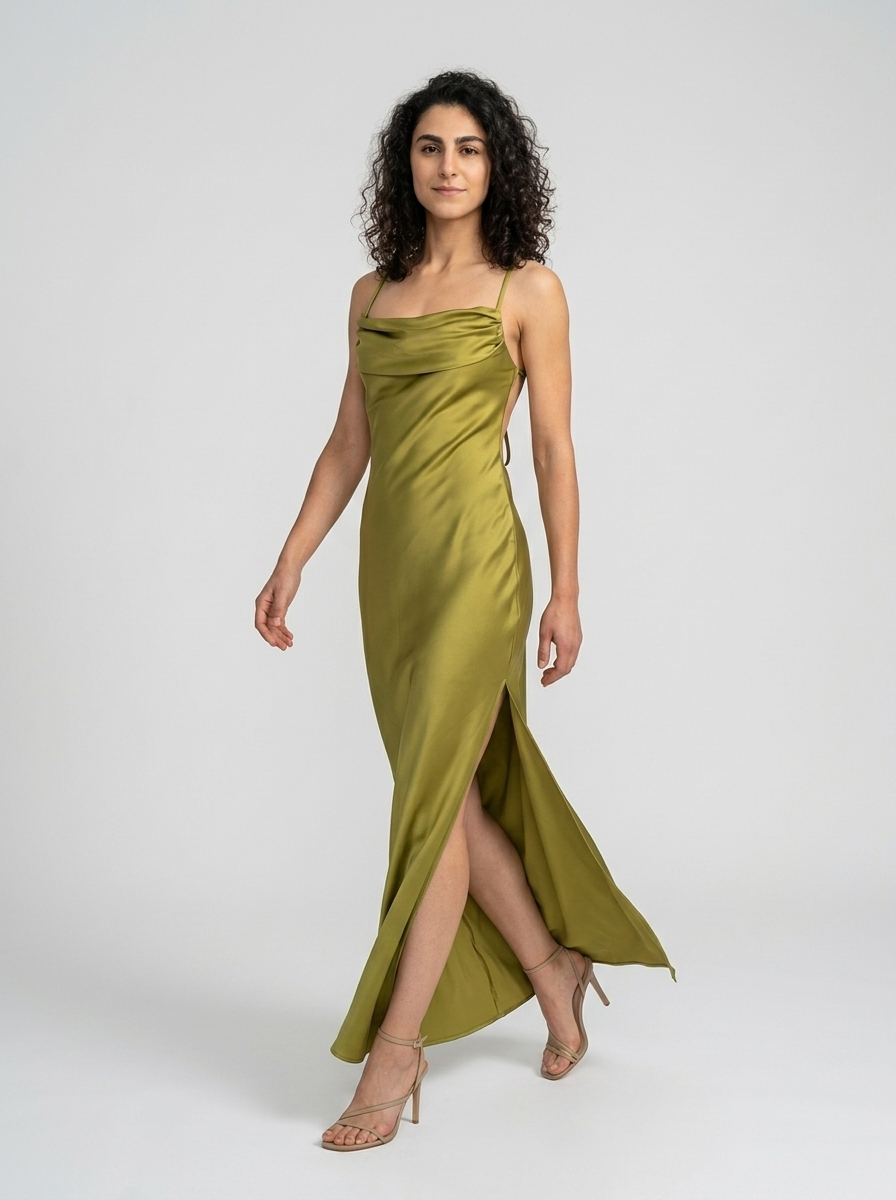 Robe Folegandros — Kaki Satin Cowl avec Fente