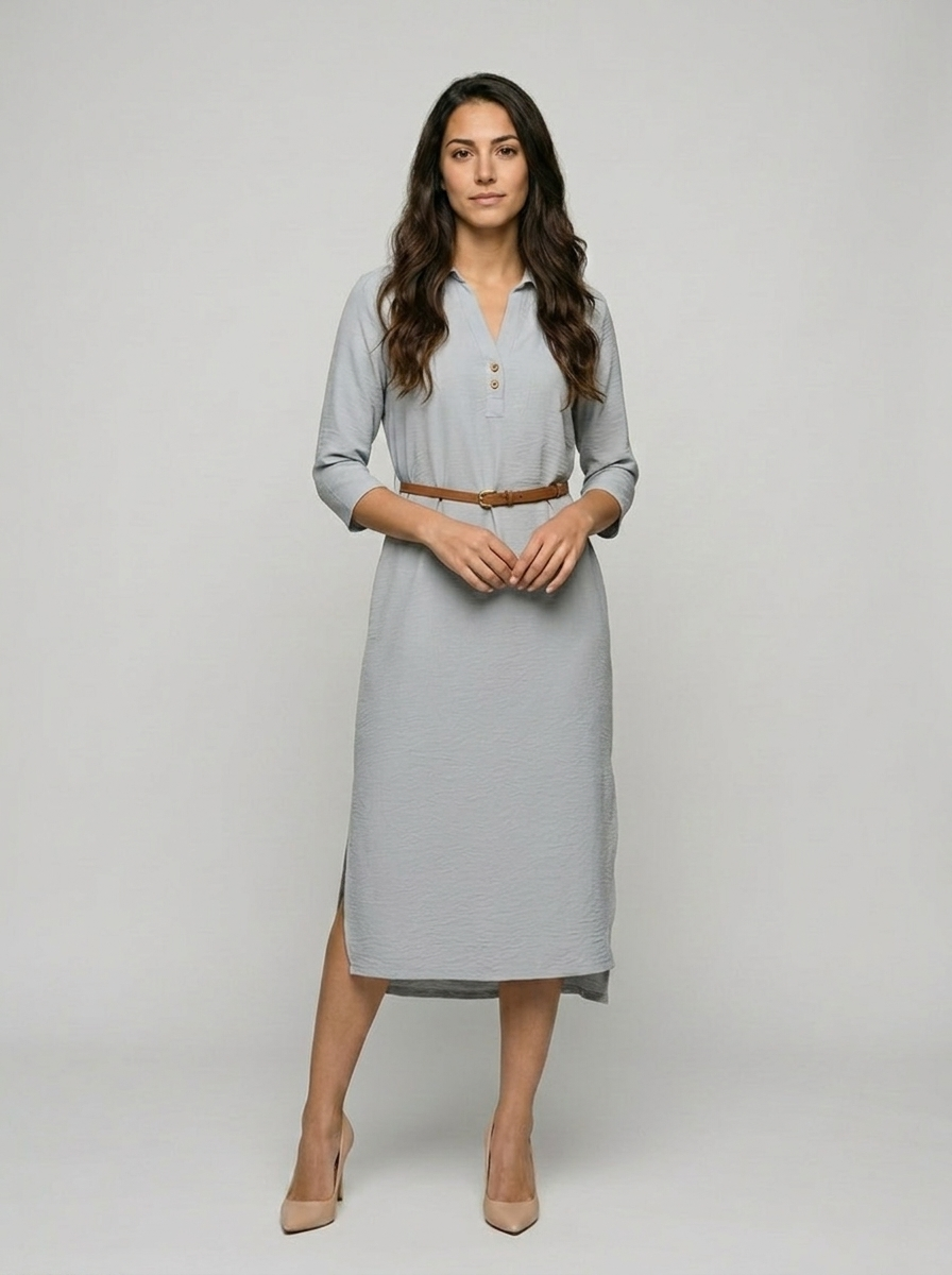Robe Meganisi — Gris Ciel Lin Chemisier avec Ceinture