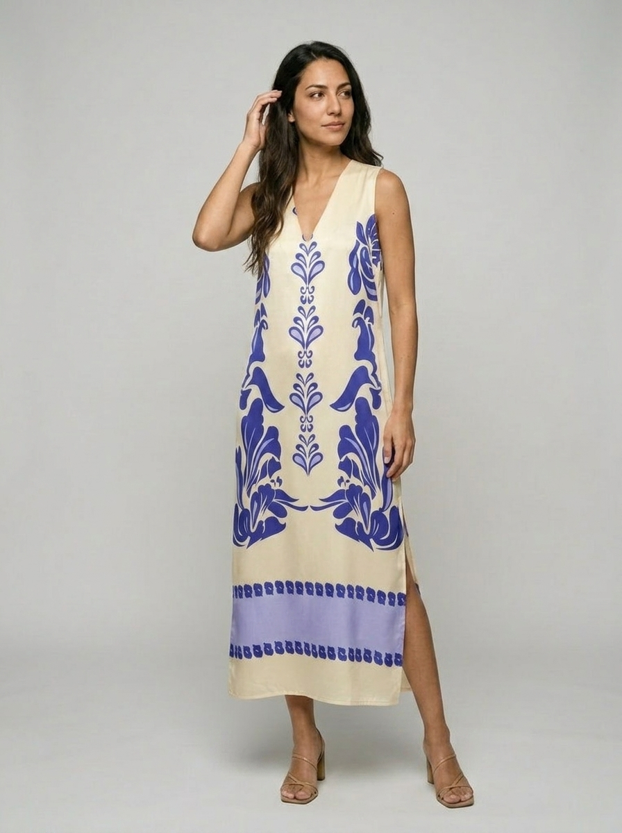 Robe Mathraki — Blanc Bleu Motif Hellenique