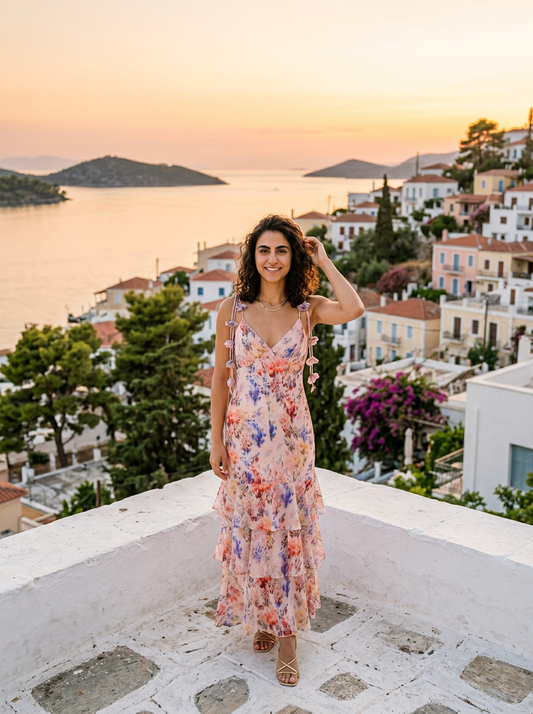 Robe Mykonos — Rose Florale à Volants