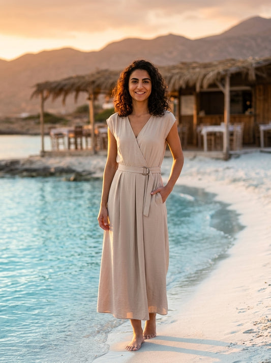 Robe Kalamos — Ecru Croisee avec Ceinture