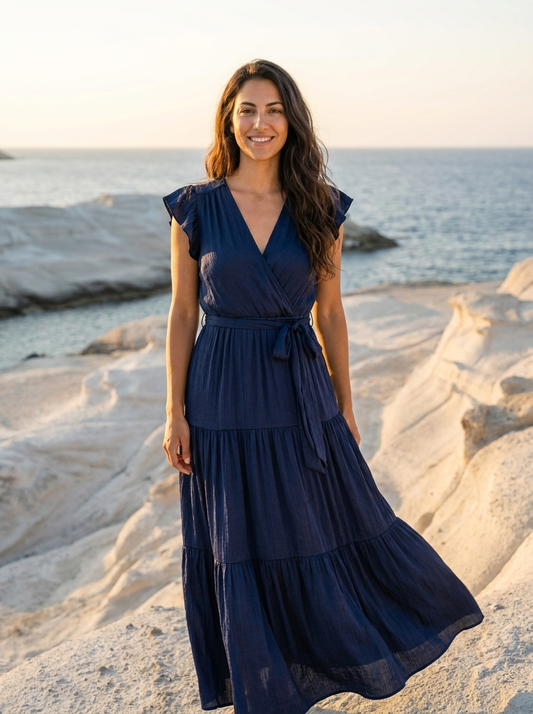 Robe Dokos — Bleu Marine Col V Volants avec Ceinture