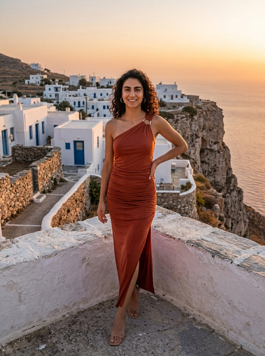 Robe Samos — Terre Cuite Une Épaule Froncée