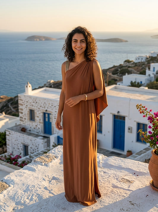 Robe Alonnisos — Camel Une Épaule avec Fente