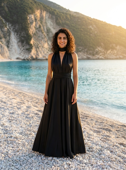 Robe Chrysi — Noire Satin Halter Profond V