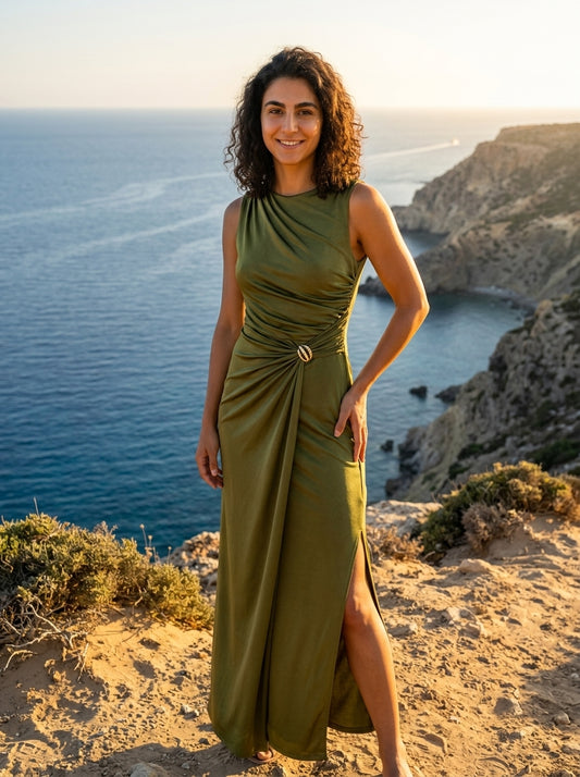 Robe Salamina — Kaki Jersey avec Fente