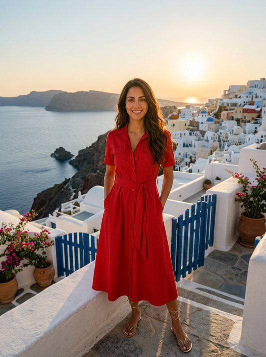 Robe Amorgos — Rouge Chemisier avec Ceinture