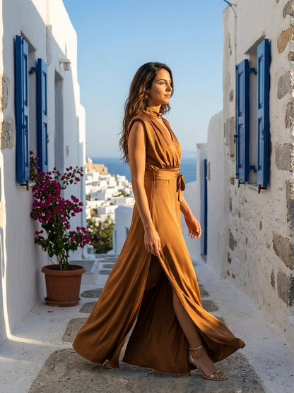 Φόρεμα Skiathos — Κάμελ Κρουαζέ με ζώνη