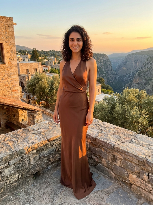 Robe Tilos — Bronze Satin Col en V