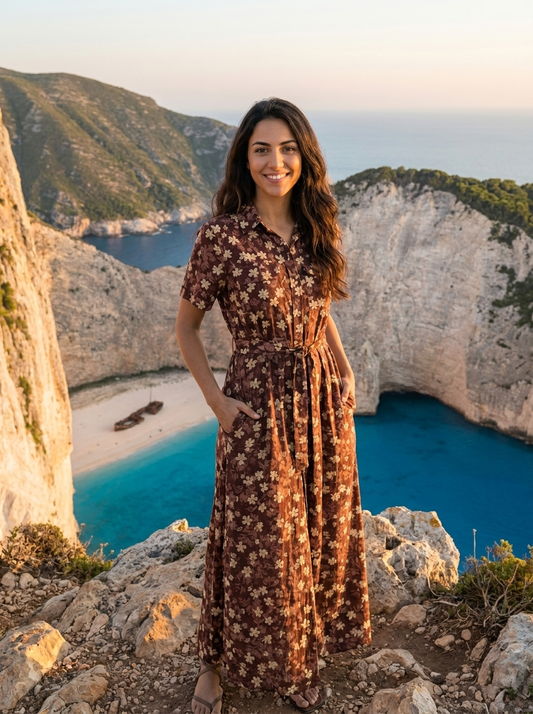 Robe Gavdos — Marron Florale Chemisier