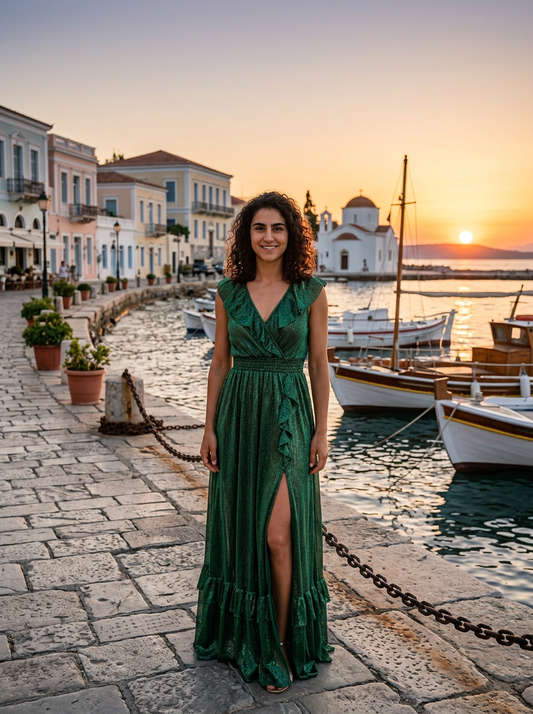 Robe Andros — Bronze Lurex Volants Croisée