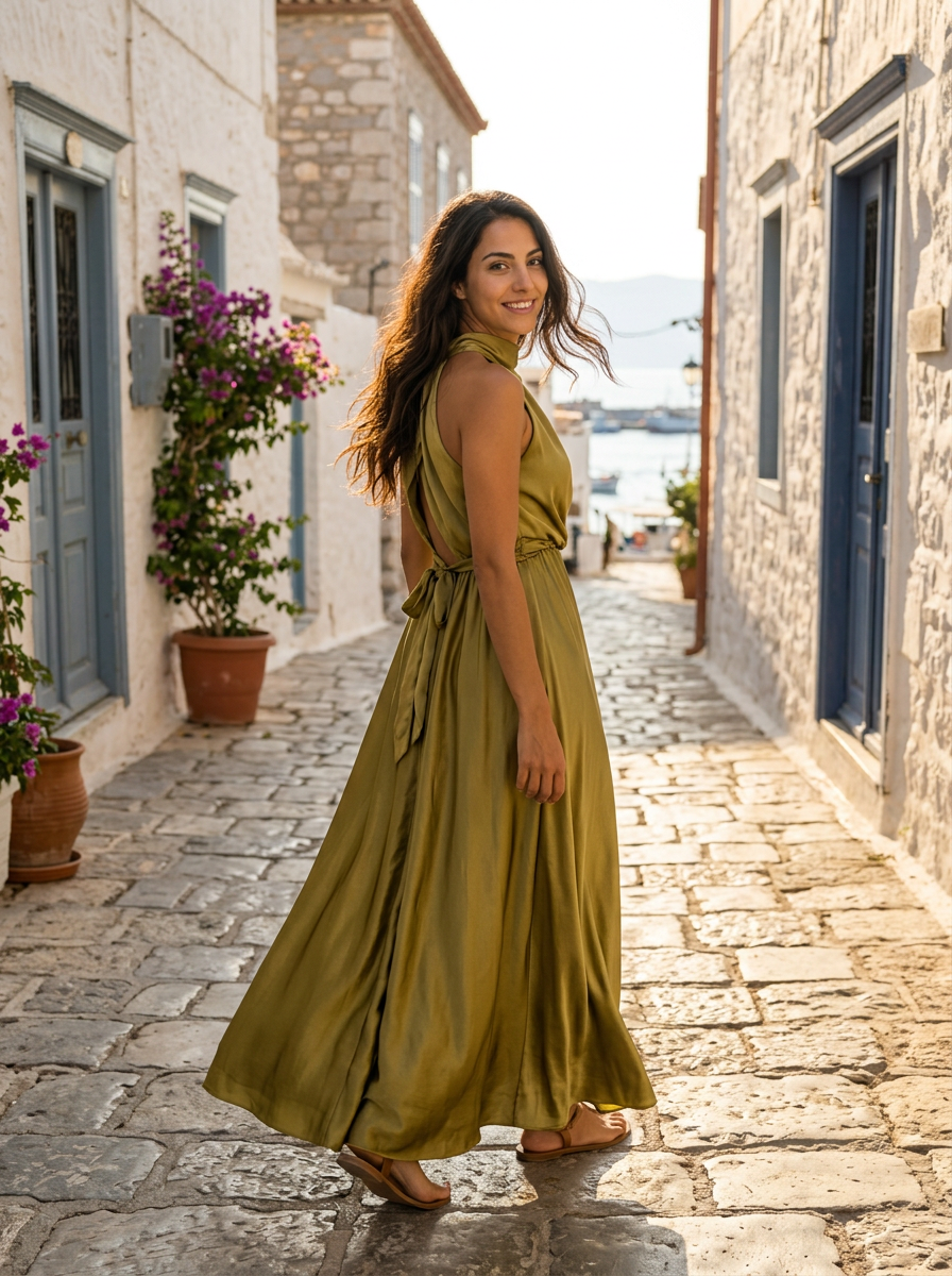 Φόρεμα Tinos — Λαδί Σατέν cowl