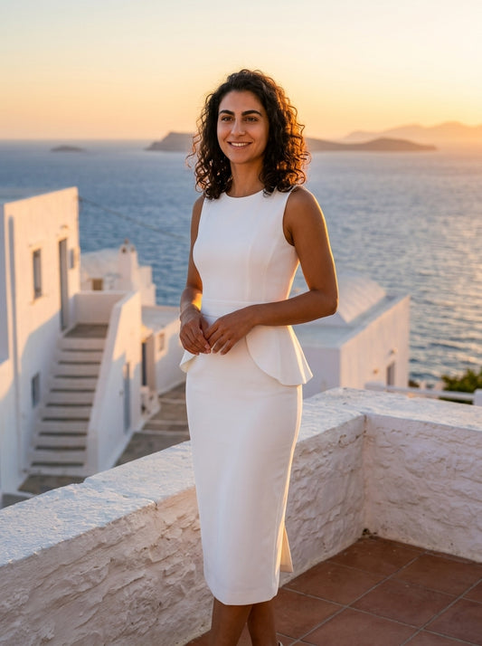 Robe Koufonisia — Blanche Peplum Sans Manches
