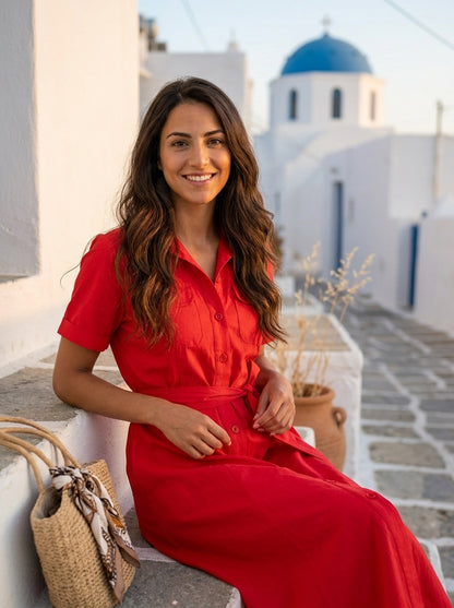 Φόρεμα Amorgos — Κόκκινο Σεμιζιέ με ζώνη