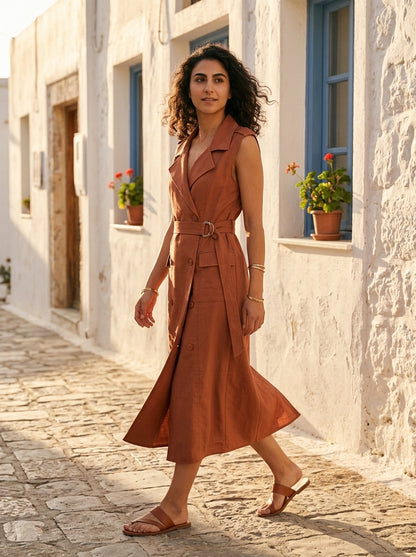 Φόρεμα Lefkada — Κεραμιδί Λινό κρουαζέ σεμιζιέ