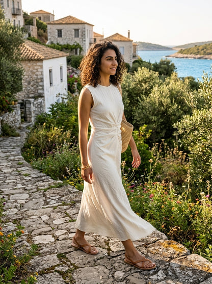 Φόρεμα Erikoussa — Εκρού Αμάνικο σουρωτή μέση
