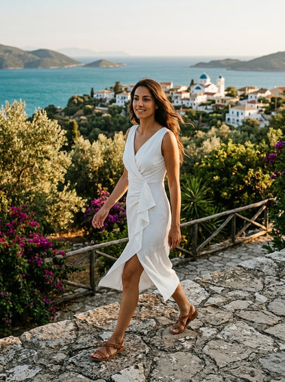 Φόρεμα Telendos — Λευκό Κρουαζέ με σκίσιμο
