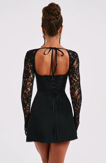 Δαντελένιο Bustier Mini Φόρεμα - Μαύρο πλάτη