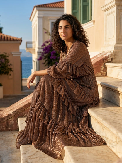 Φόρεμα Andros — Χάλκινο Lurex βολάν κρουαζέ