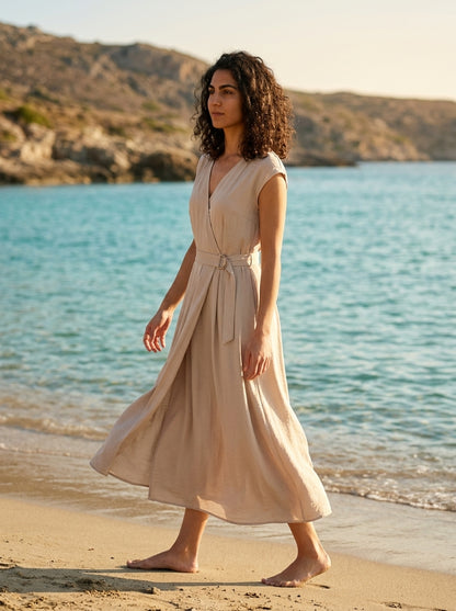Φόρεμα Kalamos — Εκρού Κρουαζέ με ζώνη