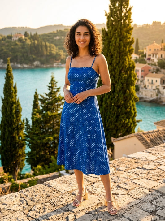 Robe Marathi — Bleu Pois Midi à Bretelles