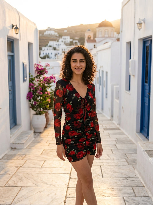 Robe Tinos — Mini Florale à Fronces