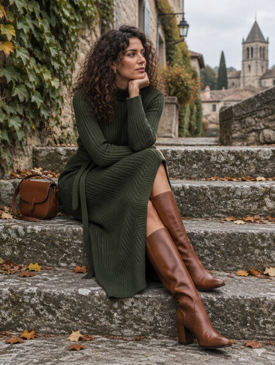 Robe pull Nafplio vert mousse - escaliers en pierre